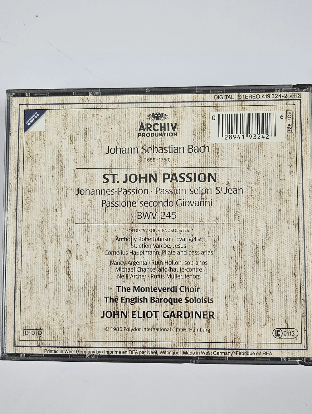 Bach St John Passion John Eliot Gardiner Archiv 2 CD West Germany 1986